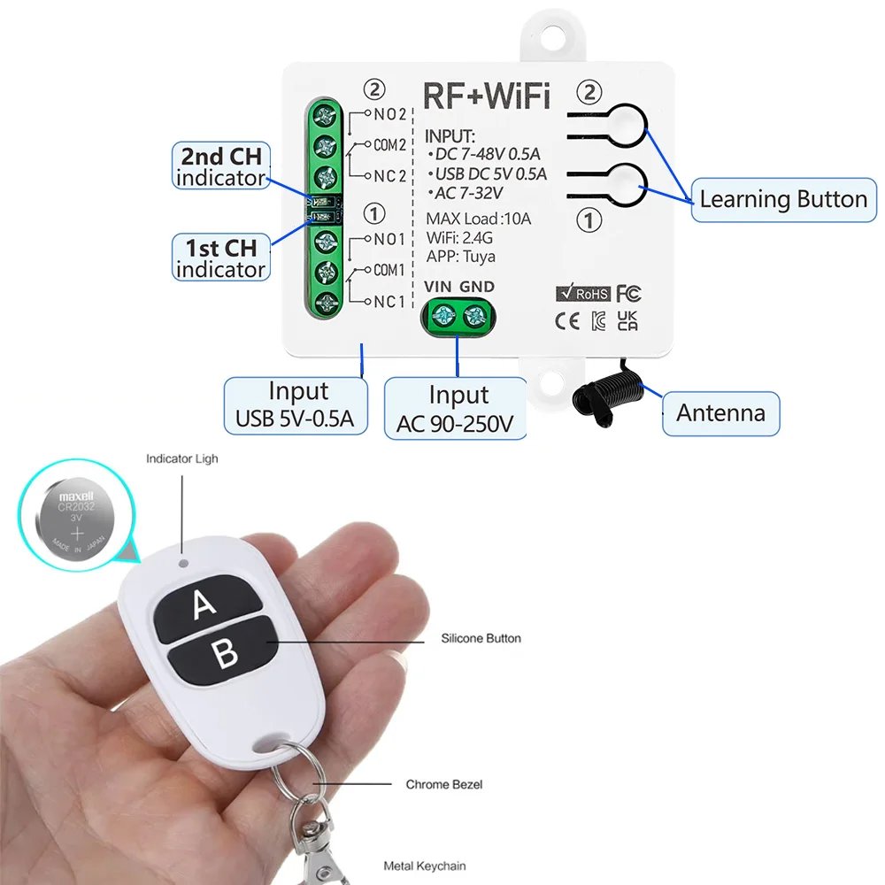 Tuya WIFI Wireless 433mhz Universal Gate Remote Control Switch DC 5V 48V 2Ch 10A Dry Relay Receiver Remote for Garage Door Led