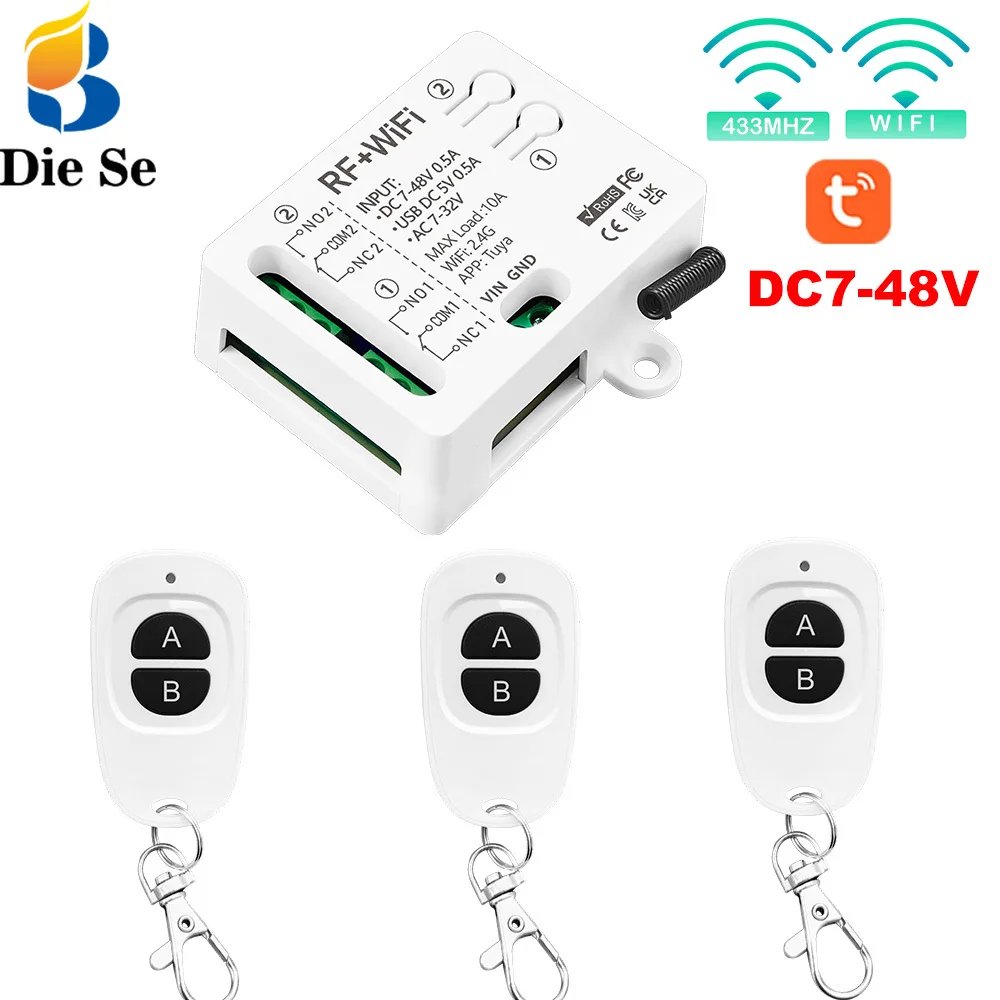 Tuya WIFI Wireless 433mhz Universal Gate Remote Control Switch DC 5V 48V 2Ch 10A Dry Relay Receiver Remote for Garage Door Led