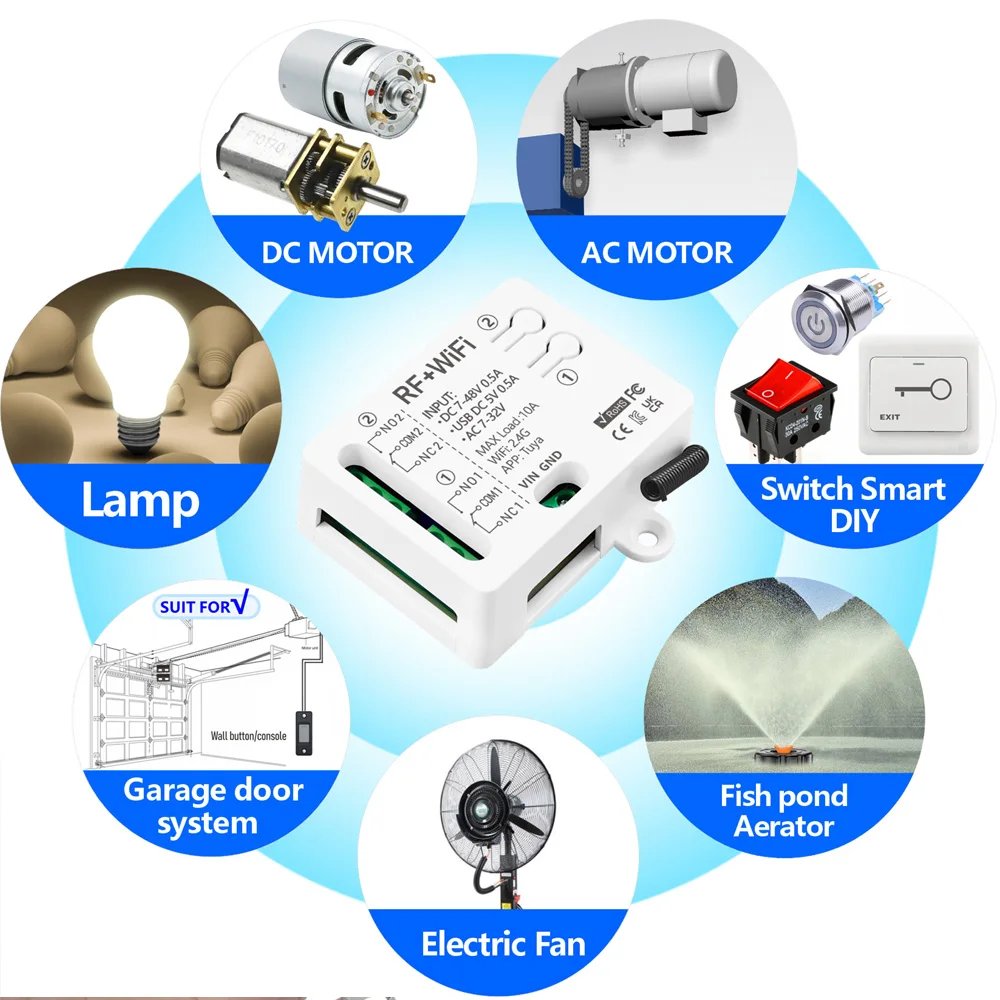 Tuya WIFI Wireless 433mhz Universal Gate Remote Control Switch DC 5V 48V 2Ch 10A Dry Relay Receiver Remote for Garage Door Led