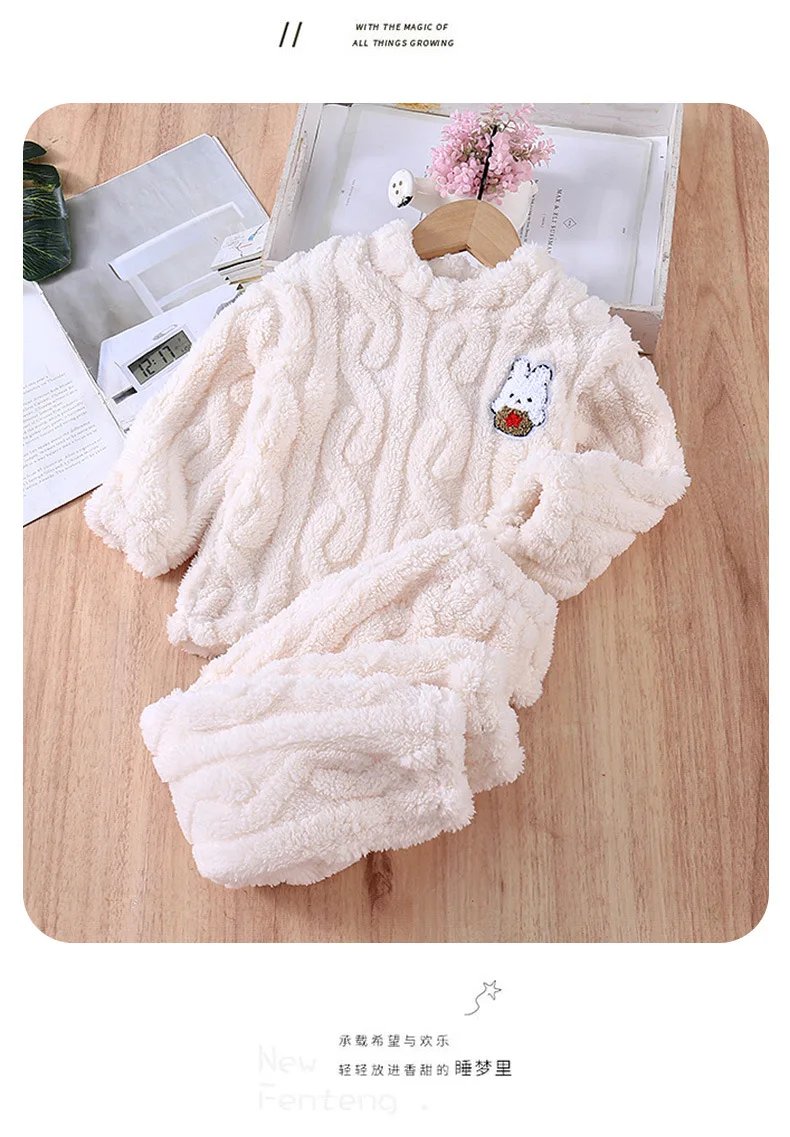 Kids Winter Thicken Warm Soft Flannel Pajamas Toddler Baby Cute Cartoon Rabbit Sleepwear Boys Girls Casual Pyjamas Clothing Sets
