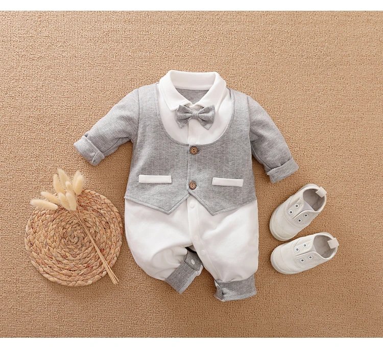 Male Baby Newborn Gentleman Style Crawling Clothes Comfortable Cotton Clothes Spring And Autumn Long Sleeved Baby Bodysuit