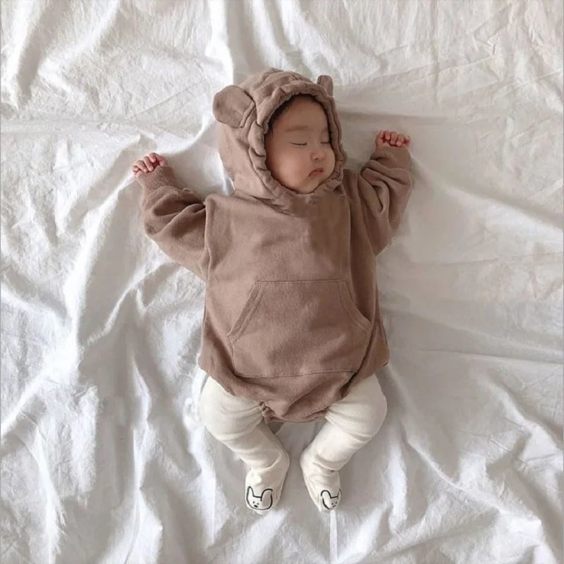 Spring newborn romper cute little bear boy long sleeved hooded jumpsuit solid color pure cotton baby girl toddler romper
