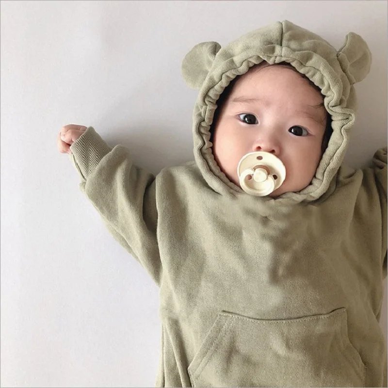 Spring newborn romper cute little bear boy long sleeved hooded jumpsuit solid color pure cotton baby girl toddler romper