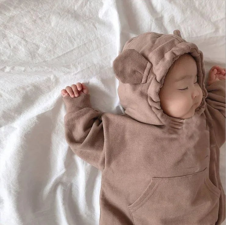 Spring newborn romper cute little bear boy long sleeved hooded jumpsuit solid color pure cotton baby girl toddler romper