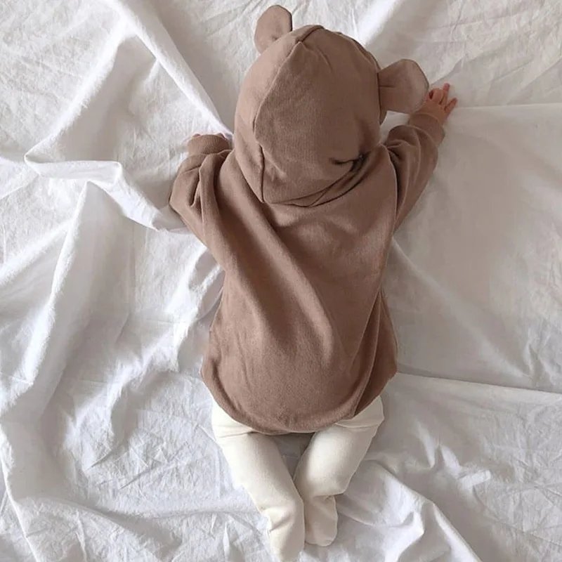 Spring newborn romper cute little bear boy long sleeved hooded jumpsuit solid color pure cotton baby girl toddler romper