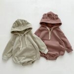 Spring newborn romper cute little bear boy long sleeved hooded jumpsuit solid color pure cotton baby girl toddler romper