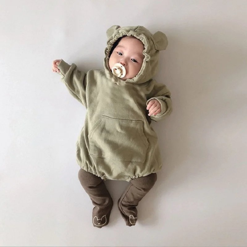 Spring newborn romper cute little bear boy long sleeved hooded jumpsuit solid color pure cotton baby girl toddler romper
