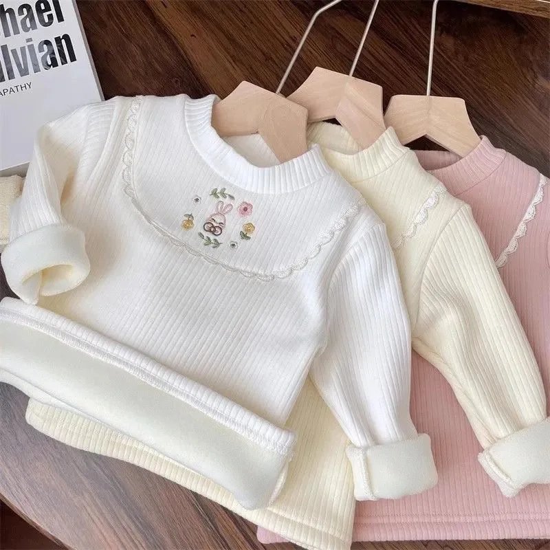 1pcs Children's T-Shirts Cartoon Embroidery Velvet warm top Kids Half High Collar Long Sleeve Base Shirt Girls Tshirts Clothes