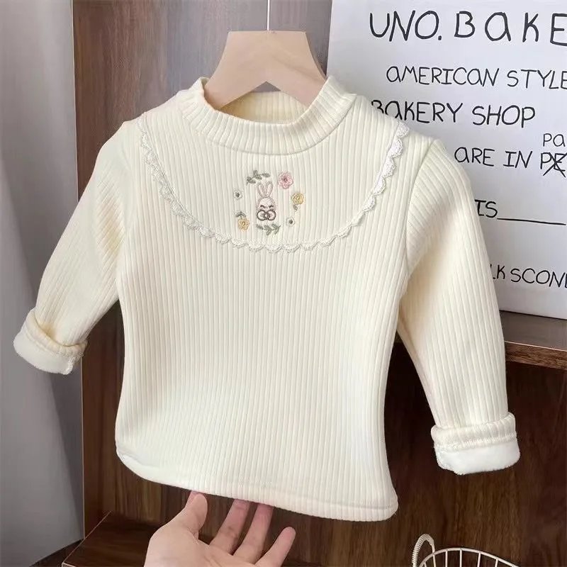 1pcs Children's T-Shirts Cartoon Embroidery Velvet warm top Kids Half High Collar Long Sleeve Base Shirt Girls Tshirts Clothes