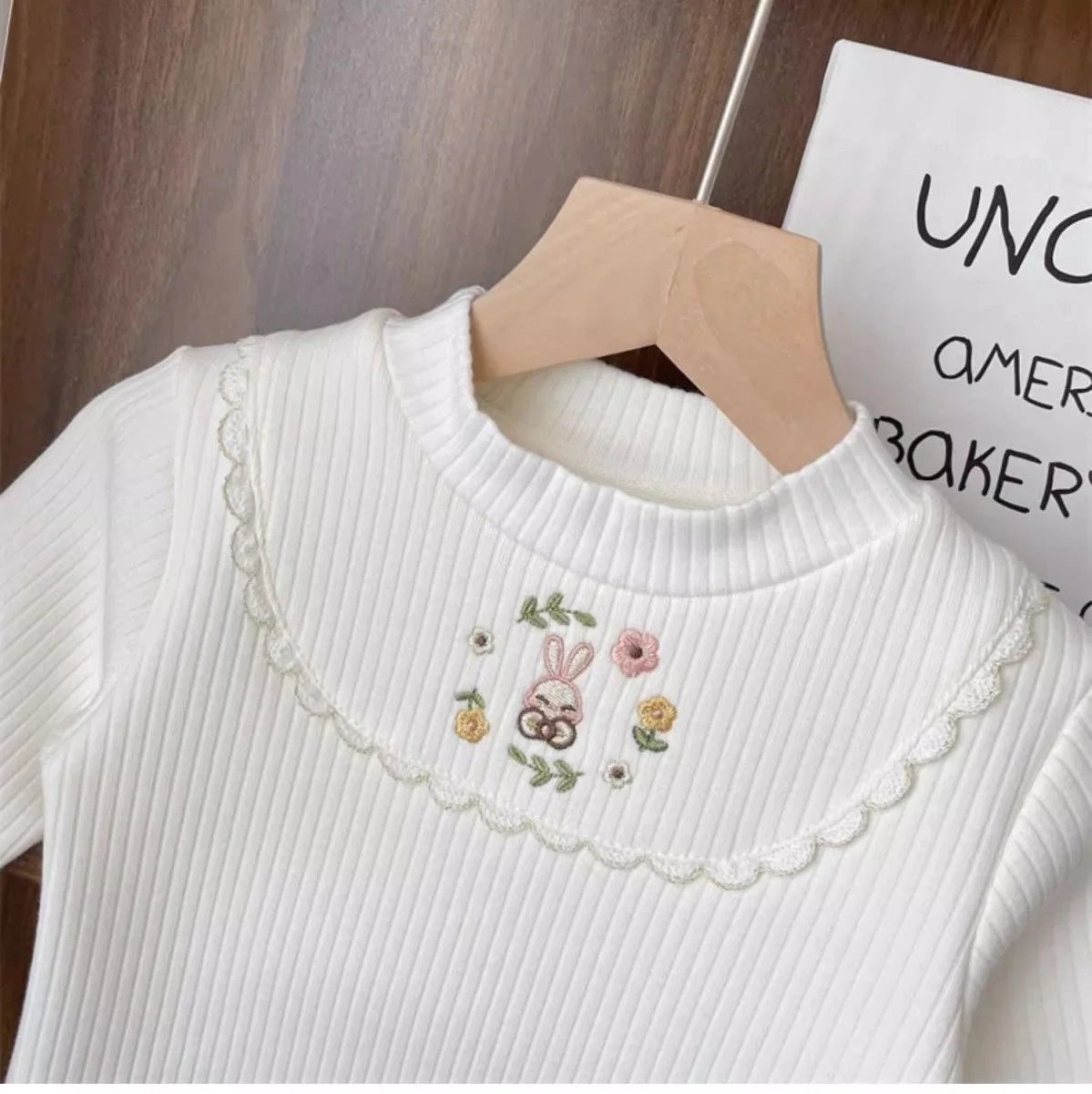 1pcs Children's T-Shirts Cartoon Embroidery Velvet warm top Kids Half High Collar Long Sleeve Base Shirt Girls Tshirts Clothes