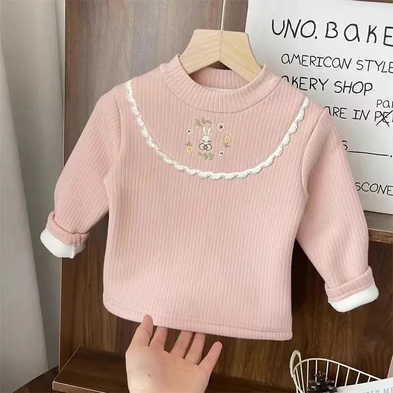 1pcs Children's T-Shirts Cartoon Embroidery Velvet warm top Kids Half High Collar Long Sleeve Base Shirt Girls Tshirts Clothes