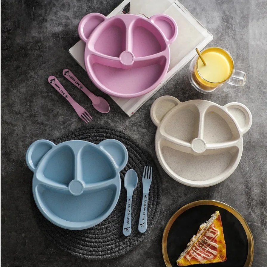 3Pcs/Set Baby Food Feeding Tableware Cartoon Bear Bowl+Spoon+Fork Eating Dinnerware for Children Dishes Kids Dinning Plate