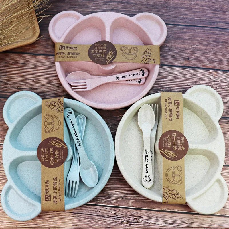 3Pcs/Set Baby Food Feeding Tableware Cartoon Bear Bowl+Spoon+Fork Eating Dinnerware for Children Dishes Kids Dinning Plate