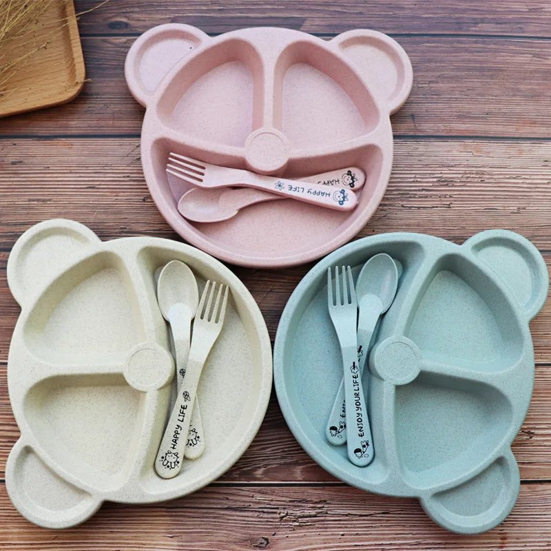 3Pcs/Set Baby Food Feeding Tableware Cartoon Bear Bowl+Spoon+Fork Eating Dinnerware for Children Dishes Kids Dinning Plate