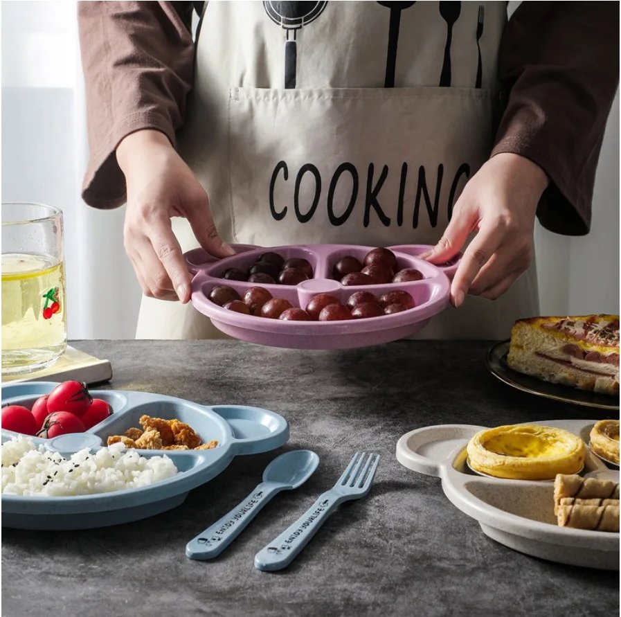 3Pcs/Set Baby Food Feeding Tableware Cartoon Bear Bowl+Spoon+Fork Eating Dinnerware for Children Dishes Kids Dinning Plate