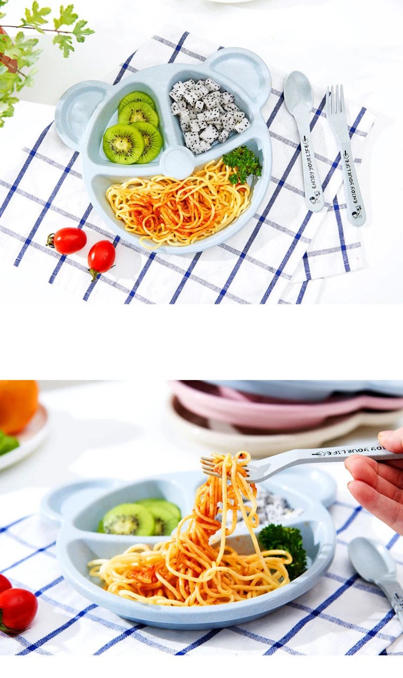 3Pcs/Set Baby Food Feeding Tableware Cartoon Bear Bowl+Spoon+Fork Eating Dinnerware for Children Dishes Kids Dinning Plate