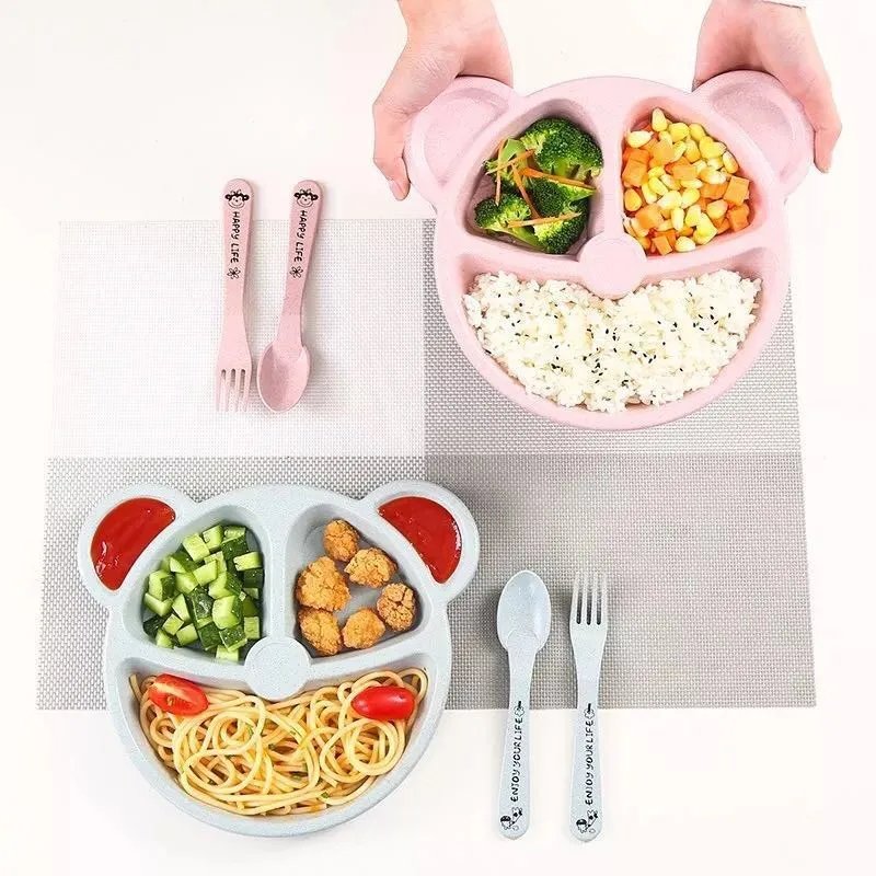 3Pcs/Set Baby Food Feeding Tableware Cartoon Bear Bowl+Spoon+Fork Eating Dinnerware for Children Dishes Kids Dinning Plate