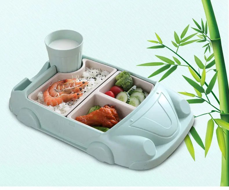 Creative Cartoon Car Plate Baby Dishes Set Bamboo Fiber Plate+Cup Sub-grid Bowl Children's Gift Tableware Set Feeding Dishes