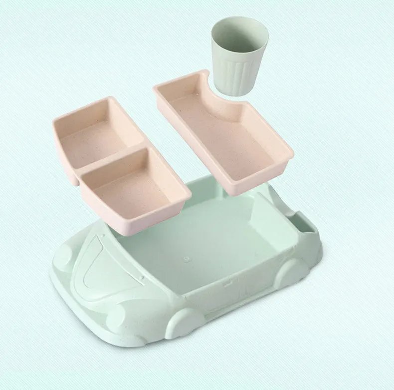 Creative Cartoon Car Plate Baby Dishes Set Bamboo Fiber Plate+Cup Sub-grid Bowl Children's Gift Tableware Set Feeding Dishes