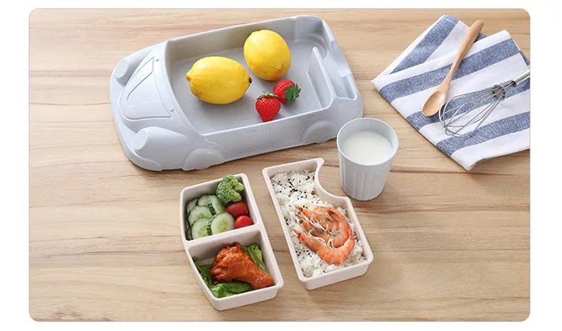 Creative Cartoon Car Plate Baby Dishes Set Bamboo Fiber Plate+Cup Sub-grid Bowl Children's Gift Tableware Set Feeding Dishes