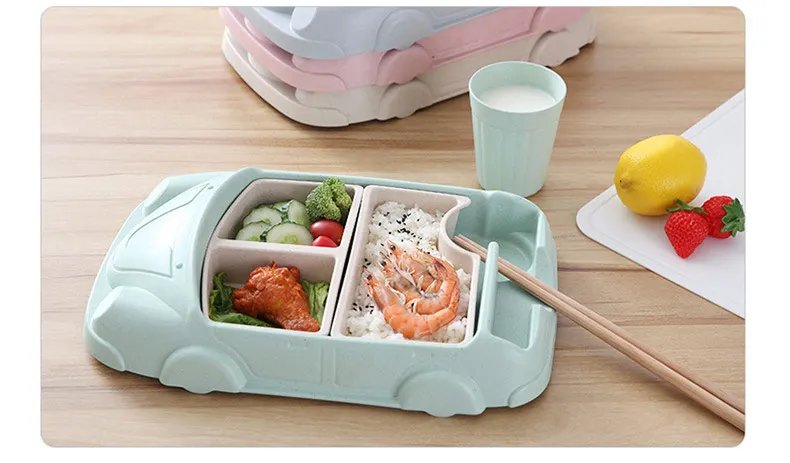 Creative Cartoon Car Plate Baby Dishes Set Bamboo Fiber Plate+Cup Sub-grid Bowl Children's Gift Tableware Set Feeding Dishes