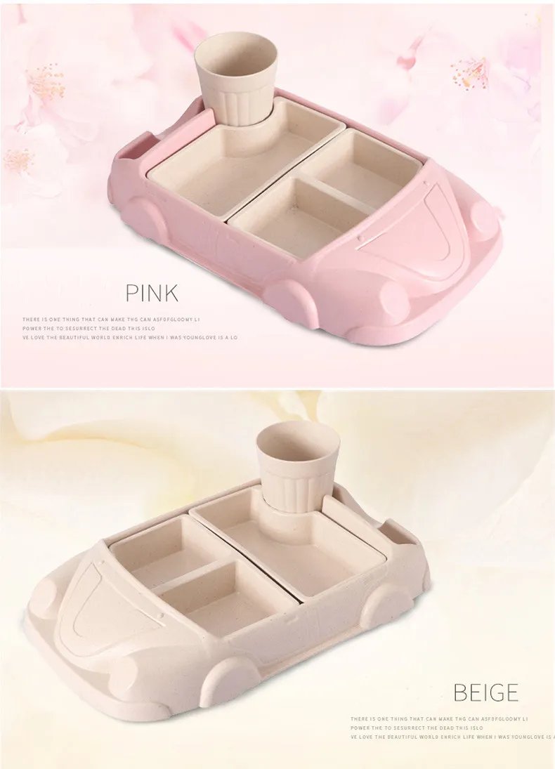 Creative Cartoon Car Plate Baby Dishes Set Bamboo Fiber Plate+Cup Sub-grid Bowl Children's Gift Tableware Set Feeding Dishes