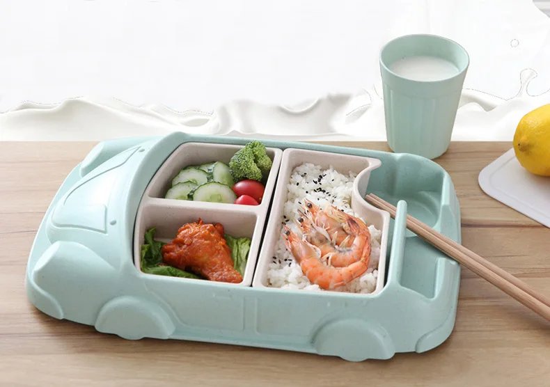 Creative Cartoon Car Plate Baby Dishes Set Bamboo Fiber Plate+Cup Sub-grid Bowl Children's Gift Tableware Set Feeding Dishes