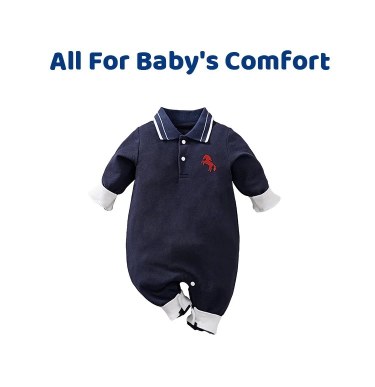 Spring And Autumn Boys And Girls' Literary Style Pony Embroidered Cotton Comfortable Long Sleeve Baby Bodysuit