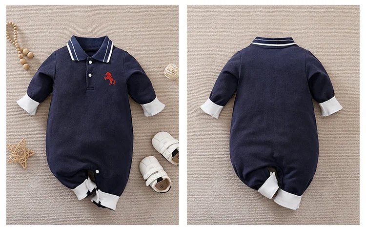 Spring And Autumn Boys And Girls' Literary Style Pony Embroidered Cotton Comfortable Long Sleeve Baby Bodysuit