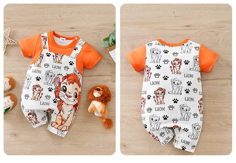 2025 Newborn 0-18Months Boys and Girls Baby Short-Sleeve Romper Cute Lion Print with Faux Two-Piece Design baby clothes Summer