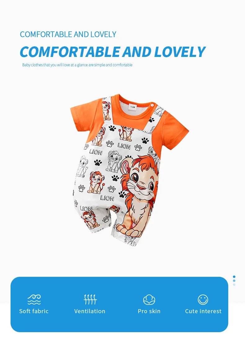 2025 Newborn 0-18Months Boys and Girls Baby Short-Sleeve Romper Cute Lion Print with Faux Two-Piece Design baby clothes Summer