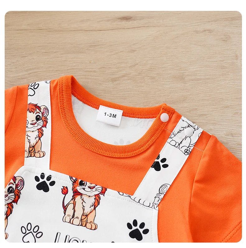 2025 Newborn 0-18Months Boys and Girls Baby Short-Sleeve Romper Cute Lion Print with Faux Two-Piece Design baby clothes Summer