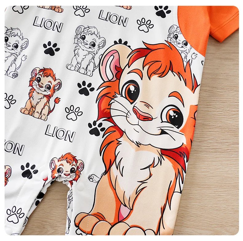 2025 Newborn 0-18Months Boys and Girls Baby Short-Sleeve Romper Cute Lion Print with Faux Two-Piece Design baby clothes Summer